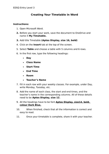 Creating Your Timetable in Word