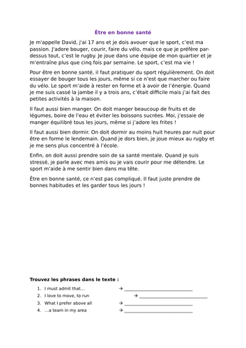 Ab Initio IB French - Health - La Santé - Reading Comprehension + Writing Task