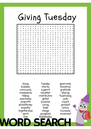 Giving Tuesday Word Search puzzle Activity - Thanksgiving
