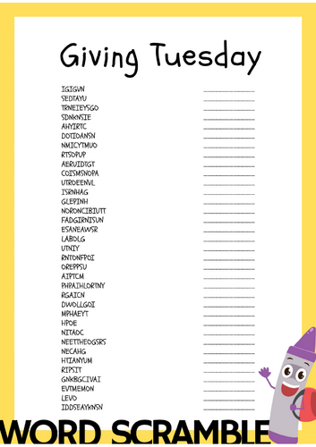 Giving Tuesday Word Scramble Puzzle Activity  Thanksgiving