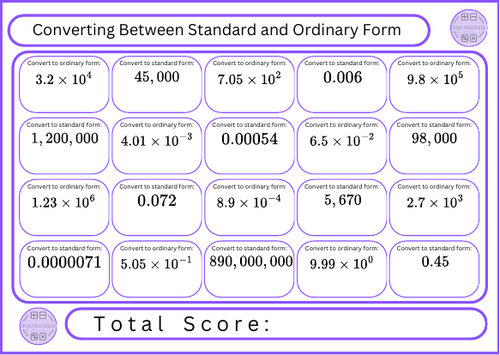 Converting Between Standard and Ordinary Form - 20 Questions