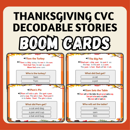 Thanksgiving CVC Decodable Stories| Reading Comprehension BOOM Cards™ with Audio