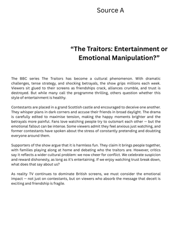 AQA English Lang Paper 2 (2026).The Traitors & Reality-TV Culture | Grade 5 + Scaffolds + Comp