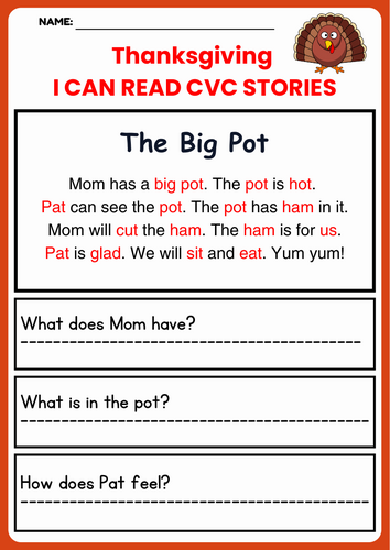 Thanksgiving CVC Decodable Short Stories worksheets with Comprehension Questions