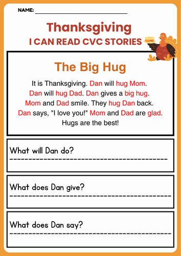 Thanksgiving CVC Decodable Short Stories worksheets with Comprehension Questions