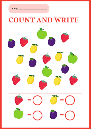Yummy Fruit Count & Write Worksheet