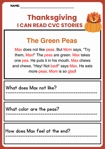 Thanksgiving CVC Decodable Short Stories worksheets with Comprehension Questions