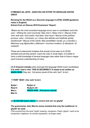 Taflen Dwyllo Cymraeg Ail Iaith Safon Uwch/ Lefel A - adolygu munud olaf