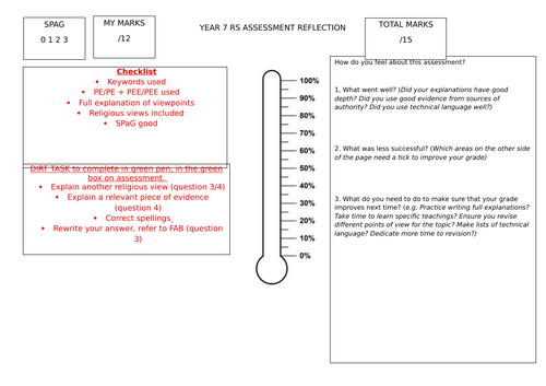 Year 7 Assessment Reflection Sheet (can be used for any subject)