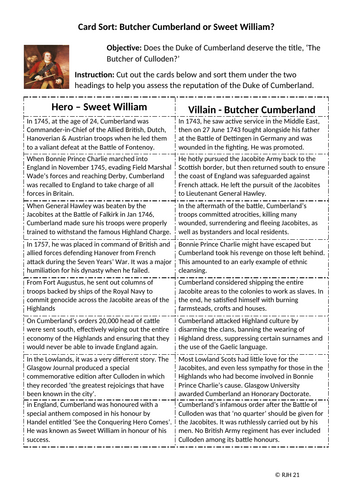 The Duke of Cumberland: ‘Butcher of Culloden’ or ‘Sweet William’? – Card Sort Lesson