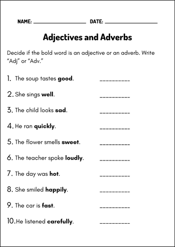 printable Adjectives and Adverbs Worksheets Activities