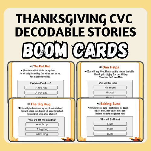 Thanksgiving CVC Decodable Short Stories BOOM Cards™ with Audio