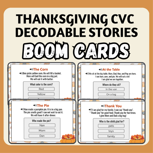 Thanksgiving CVC Decodable Short Stories BOOM Cards™ with Audio