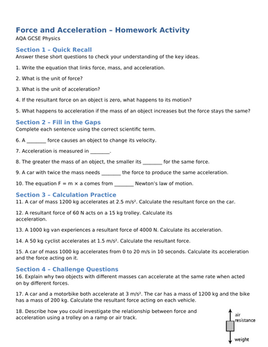 NEW (2016) AQA GCSE Physics - Force and Acceleration Homework