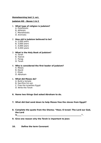 RS Judaism Home Work Booklet