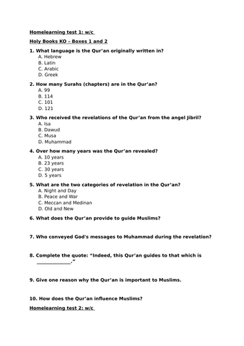 Islam/Holy Books Homework Booklet