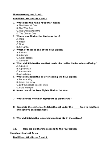Buddhism Homework Booklet