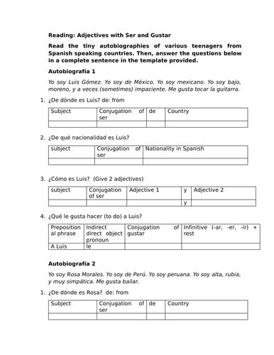 Reading: Adjectives with Ser and Gustar