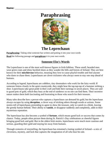 The Leprechaun Paraphrasing Worksheet