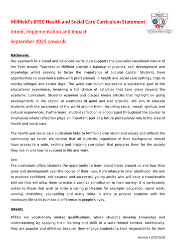 BTEC Health & Social Care Curriculum Impact Statement for Ofsted