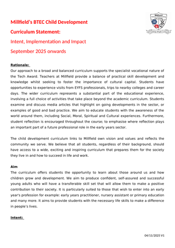 BTEC Child Development Curriculum Impact Statement