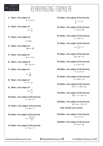 Rearranging Formula (Changing the Subject) - Maths GCSE Foundation Worksheet