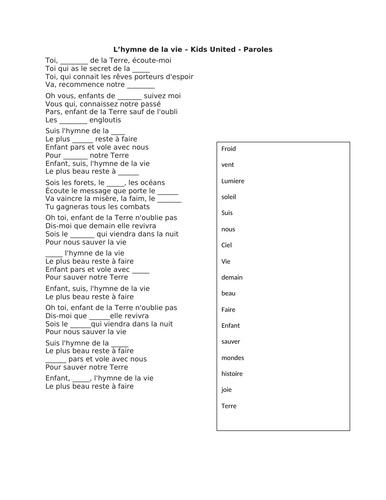 L'hymne de la vie - chanson et trouvez les mots (paroles)