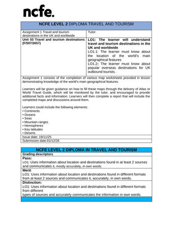 BTEC L2 Travel & Tourism: Unit 3 Travel and tourism destinations