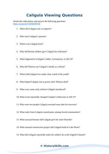 Emperor Caligula Video Viewing Questions Worksheet