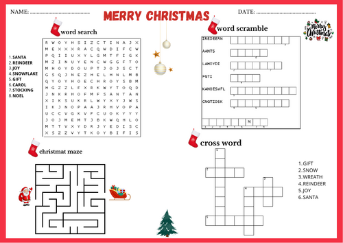 Merry Christmas Fun Word Search, Scramble, Maze & Crossword activity