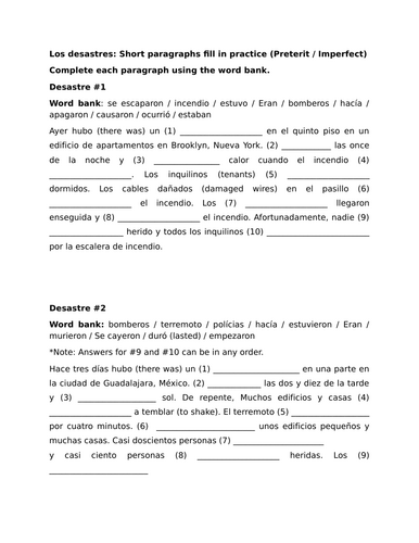 Los desastres: Short paragraphs fill in practice (Preterit / Imperfect)