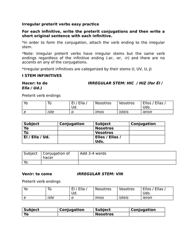 Irregular preterit verbs easy practice (Spanish)