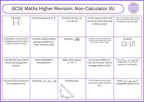 GCSE Maths Higher Revision Non-Calculator (A)