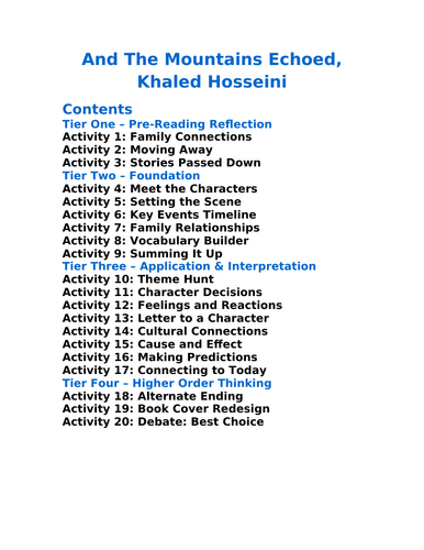 And The Mountains Echoed Khaled Hosseini - 20 Differentiated Activities ...