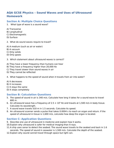 NEW (2016) AQA GCSE Physics - Sound Waves & Ultrasound Uses Homework