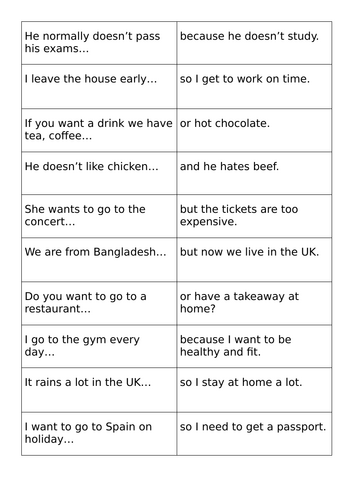ESOL conjunctions sentence matching cards