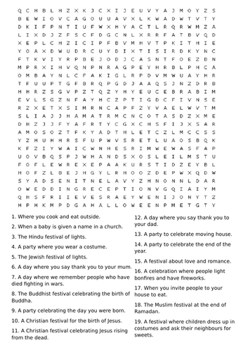 ESOL festivals and celebrations wordsearch