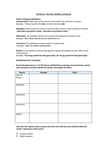 The Raven - Structure, Rhythm, and Sound Worksheet