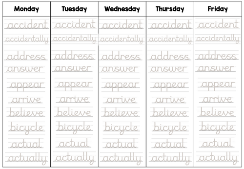 Weekly Spelling Practice Sheets Term 1 & 2