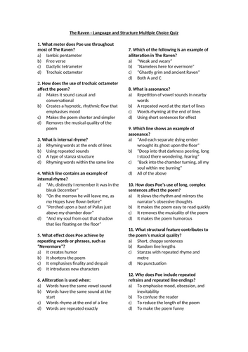 The Raven - Language and Structure Multiple Choice Quiz