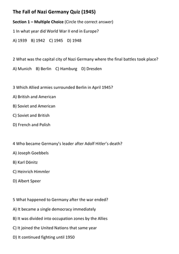 The Fall of Nazi Germany Quiz (1945) Quiz/Assessment