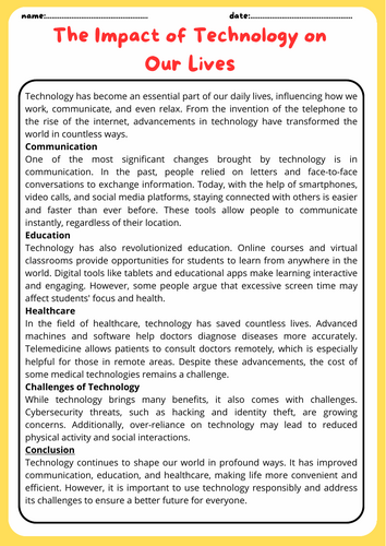 Technology Reading  Comprehension Activity worksheet