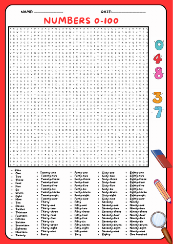 Numbers 0–100 Word Search Puzzle