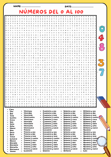 Sopa de Letras de los Números 0–100