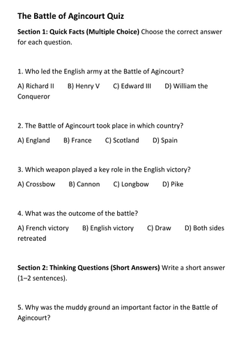 The Battle of Agincourt (1415) Quiz/Assessment