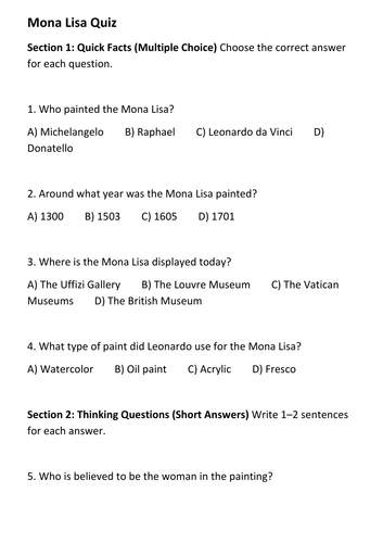 Mona Lisa Quiz/Assessment