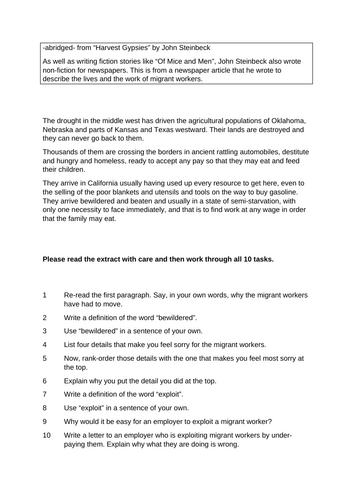 Non-fic Steinbeck "Harvest Gypsies" cover hw context "Of Mice and Men"