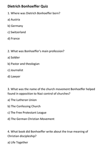 Dietrich Bonhoeffer Quiz