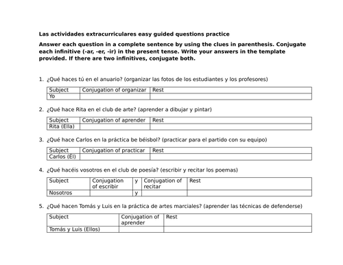 Las actividades extracurriculares easy guided questions practice