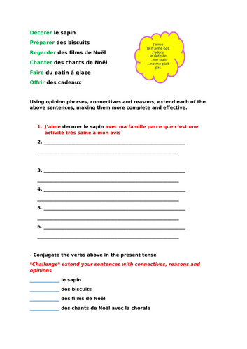 French Christmas Writing - Simple sentences